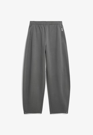 Graue Jogginghose aus weichem Stoff mit elastischem Bund, zwei Seitentaschen und sichtbaren Nähten; lockeres, konisch zulaufendes Bein.