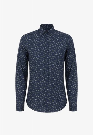 Granatowa koszula zapinana na guziki z długimi rękawami, z delikatnym kwiatowym wzorem w jasnej zieleni. Wykonana z tkaniny o gładkiej fakturze.