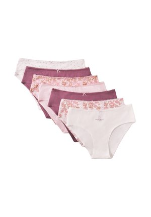 Zeven katoenen damesslips in tinten wit, roze en paars, sommige met bloemmotieven en kleine strikjes op de tailleband.