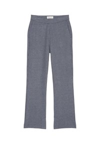 Donkerblauwe en witte gestreepte broek met een wijde pijpdesign, elastische tailleband en zijzakken, gemaakt van een zachte, gestructureerde stof.