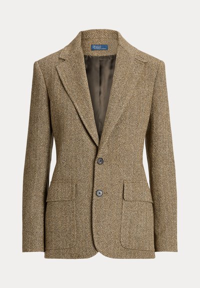 Brown herringbone wool blazer with lapel collar, two front buttons, flap pockets, and dark satin lining.