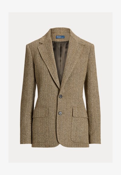 Brown herringbone wool blazer with lapel collar, two front buttons, flap pockets, and dark satin lining.