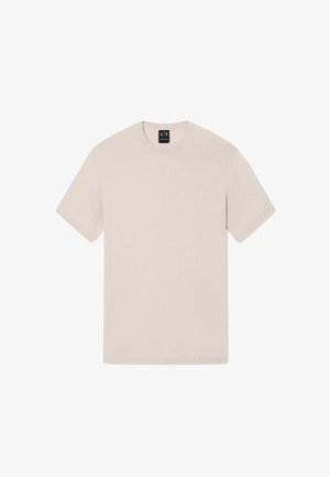 Beige kortärmige gebreide trui met een ronde hals en een subtiele zichtbare geribbelde structuur, voorzien van een AX Armani Exchange-label binnen in de kraag.