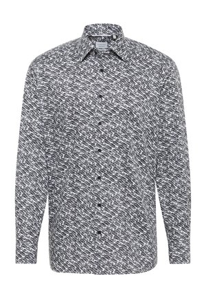 Langærmet skjorte med knapper i et sort-hvidt bølge mønster, lavet af letvægtsstof, med klassisk krave og seks frontknapper.