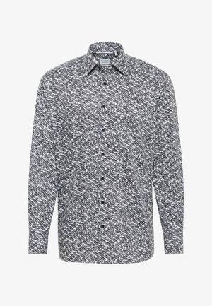 Camicia a maniche lunghe con bottoni, caratterizzata da un motivo ondulato in bianco e nero, realizzata in tessuto leggero, con colletto classico e sei bottoni frontali.