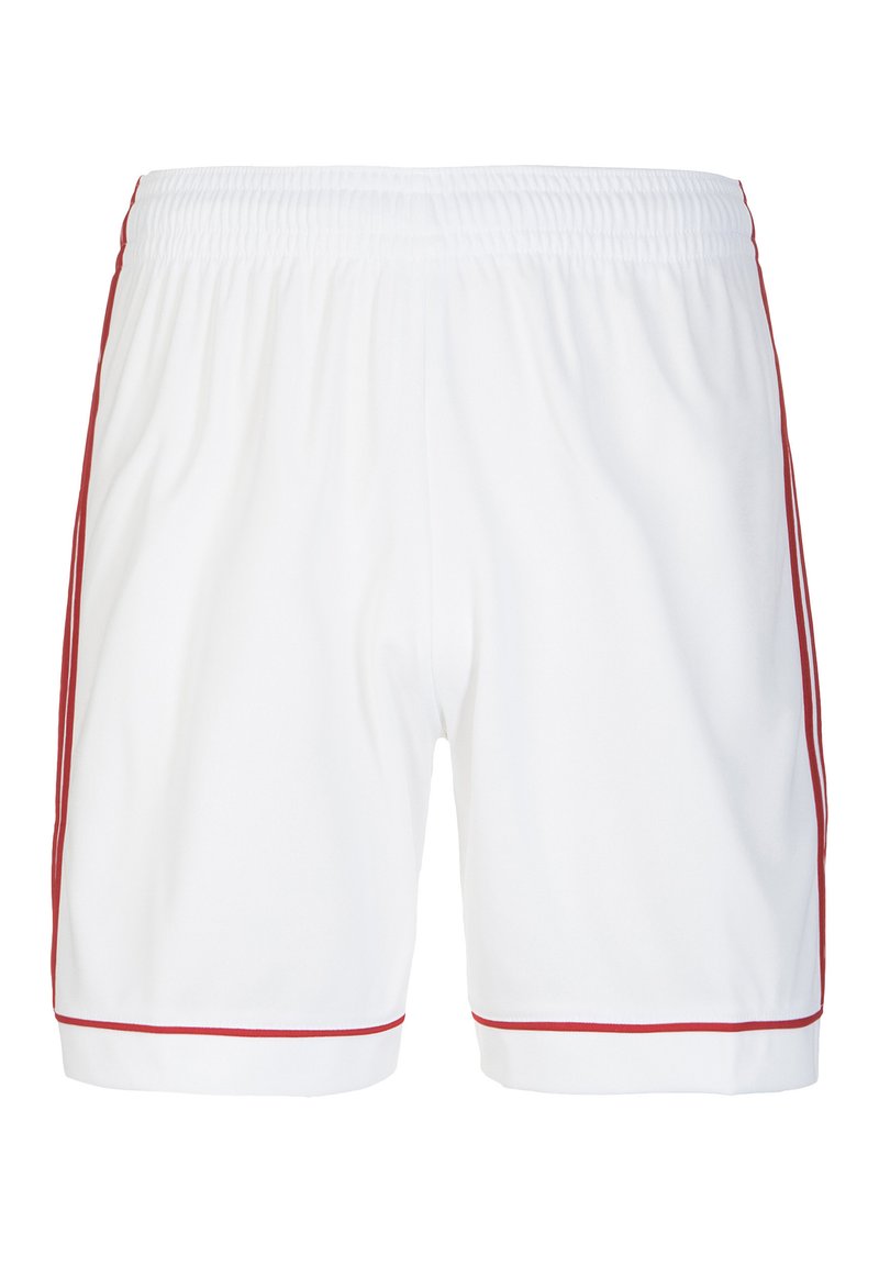 Shorts bianchi realizzati in tessuto leggero, con strisce laterali rosse. La vita è elasticizzata per un comfort ottimale e presenta una finitura liscia.