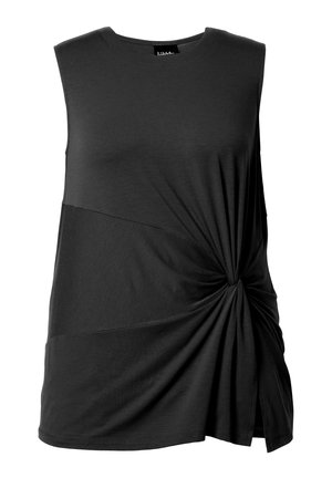 Musta hihaton yläosa pyöreällä kaula-aukolla ja sivusolmulla, joka luo oikealle puolelle kerättyä kangasta.