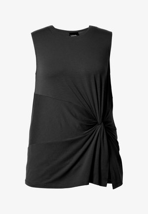 Sort ærmeløs top med rund halsudskæring og knudedetalje i siden, som skaber rynket stof på højre side.