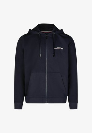 Marineblauwe zip-up hoodie gemaakt van een katoenmix. Voorzien van een verstelbare trekkoordkap, voorzakken en een klein logo op de borst.