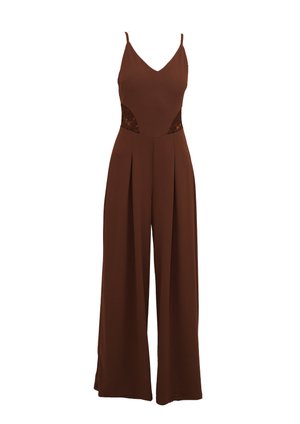 Brauner Jumpsuit mit V-Ausschnitt, dünnen Trägern, ausgeschnittenen Spitzendetails an den Seiten und weiten Hosen mit gefaltetem Design.