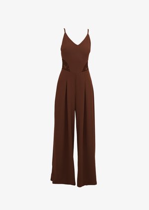 Brown jumpsuit featuring a V-neck, thin straps, cut-out lace details on the sides, and wide-leg pants with pleated design.