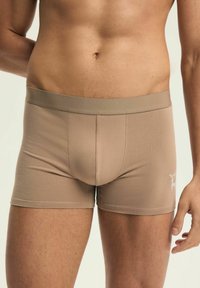 Beżowe męskie bokserki z miękkim elastycznym pasem, z przednim panelem i subtelnym logo na dolnej stronie. Gładka tekstura.
