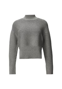Grauer, taillierter Pullover mit hohem Kragen, der ein strukturiertes Rippenmuster und weite Ärmel aufweist. Aus weichem Strickstoff gefertigt, mit horizontalen Streifen.