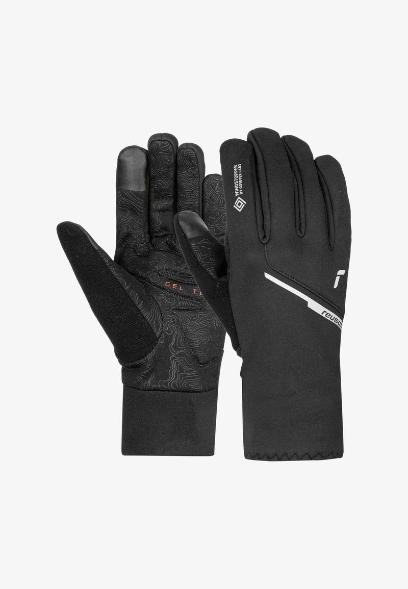 Schwarze Handschuhe mit strukturiertem Muster auf den Handflächen, Silikongriffen und einer samtigen Innenauskleidung. Mit einem Logo und reflektierenden Akzenten auf der Oberseite.