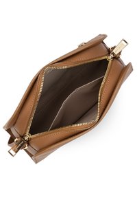 Tan leather handbag with gold zipper, fully opened to show beige interior lining and two compartments. Features a structured rectangular design.