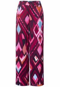 Wijde broek met een levendig patroon van diamanten in tinten van roze, rood, blauw en bruin, gemaakt van een lichte stof.