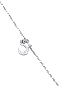 Sterling sølv armbånd med en måne og klokke charm. Månen har en glat finish, og kæden har sammenkoblede små ovale led.