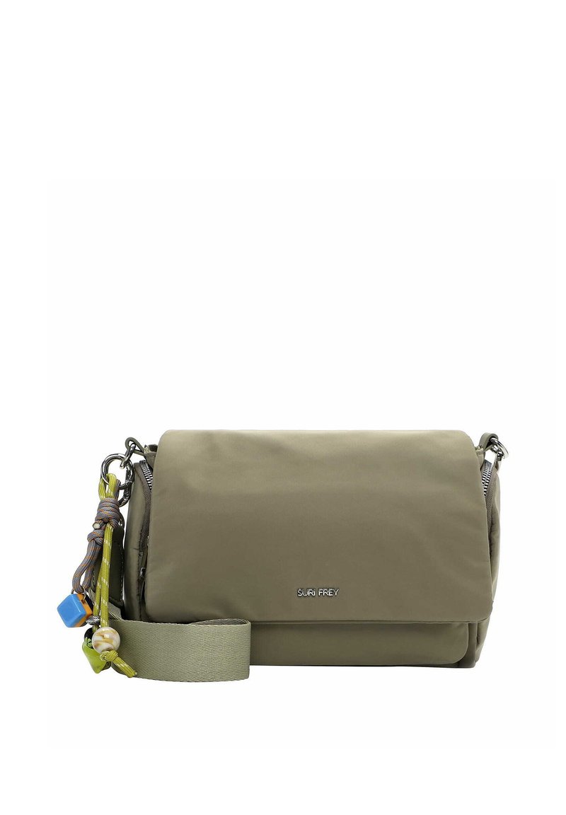 Olive green crossbody bag with flap closure, decorative beads and knots attached to strap, and silver-tone hardware.