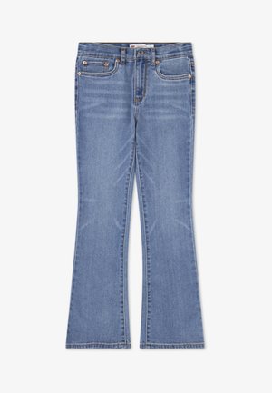 Jean évasé bleu clair en denim, avec deux poches avant, surpiqûres orange et boutons couleur cuivre, à la texture lisse.