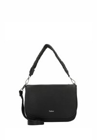 Borsa a tracolla nera in pelle texturizzata con manico intrecciato e tracolla regolabile; presenta hardware in argento e logo Gabor.
