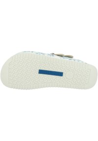 Witte rubberen sandaalzool met een gestructureerd grippatroon; blauwe "Birkenstock" logo; bloemenpatroon in tinten blauw op de bovenkant.