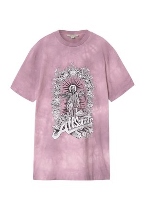 T-shirt tie-dye violet avec un squelette noir et blanc dans un cadre floral et le texte "AllSaints International Rock Festival" sur le devant.