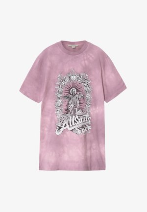 Fioletowy T-shirt tie-dye z czarno-białym szkieletorem w kwiatowej ramce i napisem "AllSaints International Rock Festival" na przodzie.