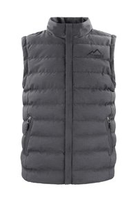 Gepolsterte graue Weste mit hohem Kragen, zwei seitlichen Reißverschlüssen und schwarzem Logo. Hergestellt aus synthetischem Material mit horizontaler Steppnaht.