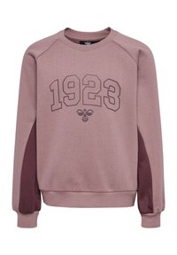 Lys mauve sweatshirt med "1923" trykt i mørkebrun. Har raglanærmer og mørkere mauve detaljer i siderne. Blød stoftekstur.