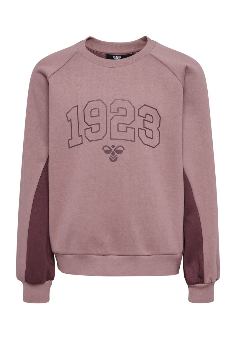 Lys mauve sweatshirt med "1923" trykt i mørkebrun. Har raglanærmer og mørkere mauve detaljer i siderne. Blød stoftekstur.