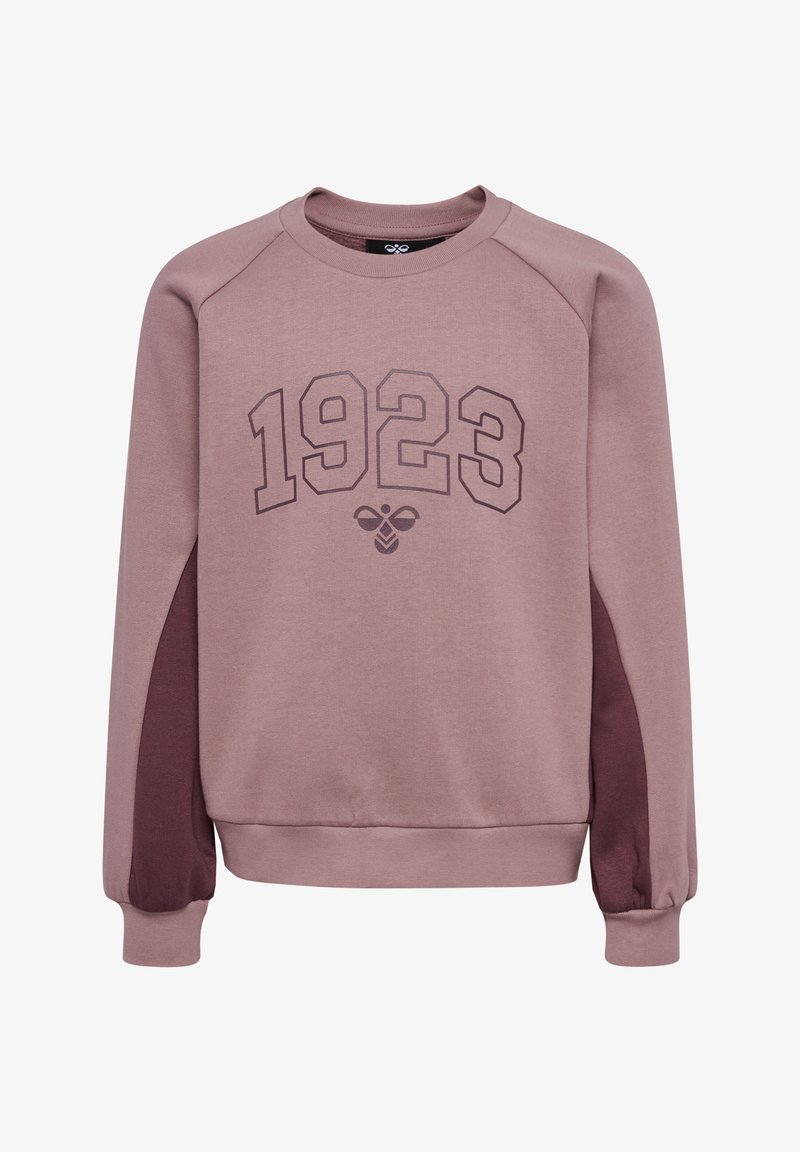 Lys mauve sweatshirt med "1923" trykt i mørkebrun. Har raglanærmer og mørkere mauve detaljer i siderne. Blød stoftekstur.