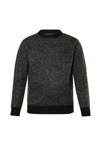 Schwarzer und grauer Strickpullover mit rundem Halsausschnitt, langen Ärmeln und gerippten Bündchen und Saum. Die Textur wirkt weich und leicht meliert.