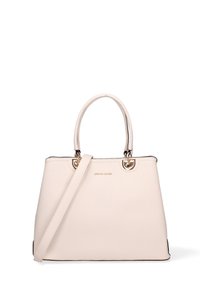 Sac à main structuré beige clair avec doubles poignées, bandoulière amovible et ferrures dorées, présentant le logo "pierre cardin".