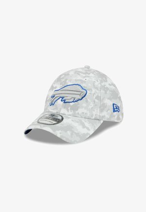 Gray camo cap with a curved brim, featuring a blue embroidered logo of a bison. Made of fabric with a textured pattern.