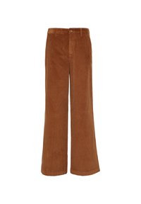 Bruine corduroy wijde broek met platte voorkant, knoopsluiting en zichtbare ribbelstructuur. Effen zoom, geen zakken, getailleerde pasvorm.