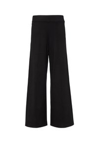 Zwarte, wijde broek met een elastische tailleband, voorzien van verticale naaddetails voor textuur en een ontspannen, vloeiende silhoeet.