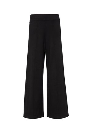 Czarne, szerokie spodnie z elastycznym pasem, z pionowymi szwami dla dodania tekstury oraz luźnym, swobodnym krojem.