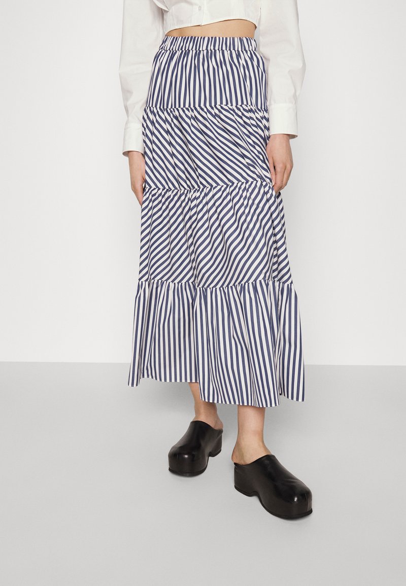 2 PC WHITE & RED MIX STRIPED PEPLUM SLEEVE TOP & TIERED MIDI SKIRT