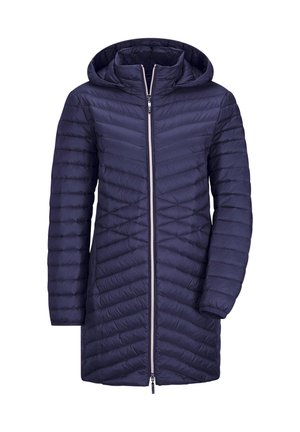 Marineblauer Daunenmantel mit Kapuze, ausgestattet mit diagonalen Steppmustern, einem durchgehenden Reißverschluss und elastischen Bündchen. Leichter Stoff.