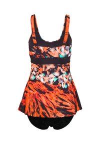 Maillot de bain avec des bretelles réglables, présentant un motif abstrait vibrant orange, noir et turquoise. Comprend un haut évasé et un short noir.