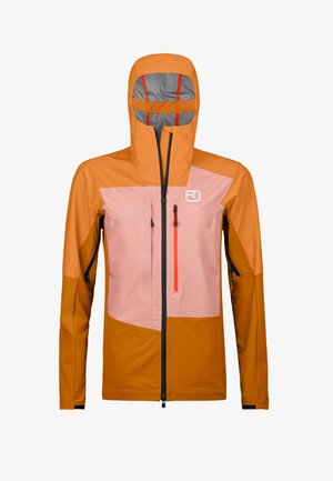Wasserfeste Jacke in Orange und Pink mit einem Reißverschluss vorne, verstellbarem Kapuzen und kontrastierenden Taschen. Mit einem Logo auf der Brust.