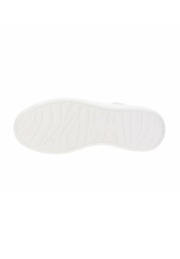 Semelle de chaussure blanche avec une surface texturée ; présente un motif strié pour l'adhérence et une bordure lisse, conçue pour la durabilité et le confort.