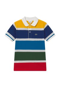 Polo de algodón a rayas, con franjas horizontales en amarillo, azul, verde y rojo. Cuello clásico, mangas cortas y pequeño logo.
