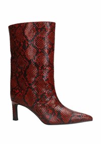 Red snakeskin ankle boot with a pointed toe, mid-heel, and textured surface pattern, featuring black accents throughout the material.