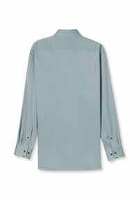 Helleblaue Langarmbluse mit geknöpften Manschetten, von hinten gegen einen weißen Hintergrund dargestellt.