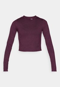 Long-sleeve, cropped shirt in dark purple, made of a soft, slightly textured fabric with a crew neckline and no visible patterns or accents.