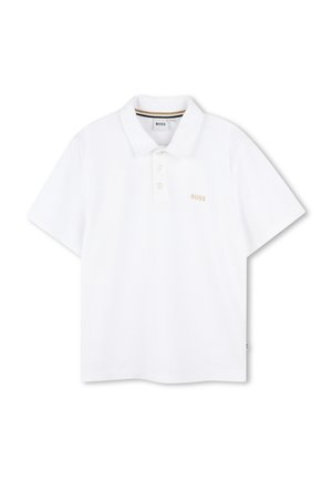 Polo a maniche corte bianco in cotone, con colletto classico, chiusura con tre bottoni e sottile logo "BOSS" beige sul petto.