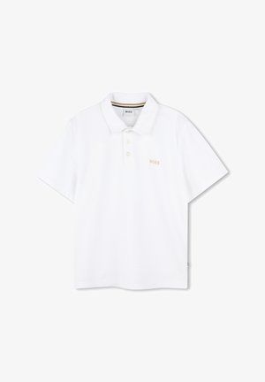Polo a maniche corte bianco in cotone, con colletto classico, chiusura con tre bottoni e sottile logo "BOSS" beige sul petto.