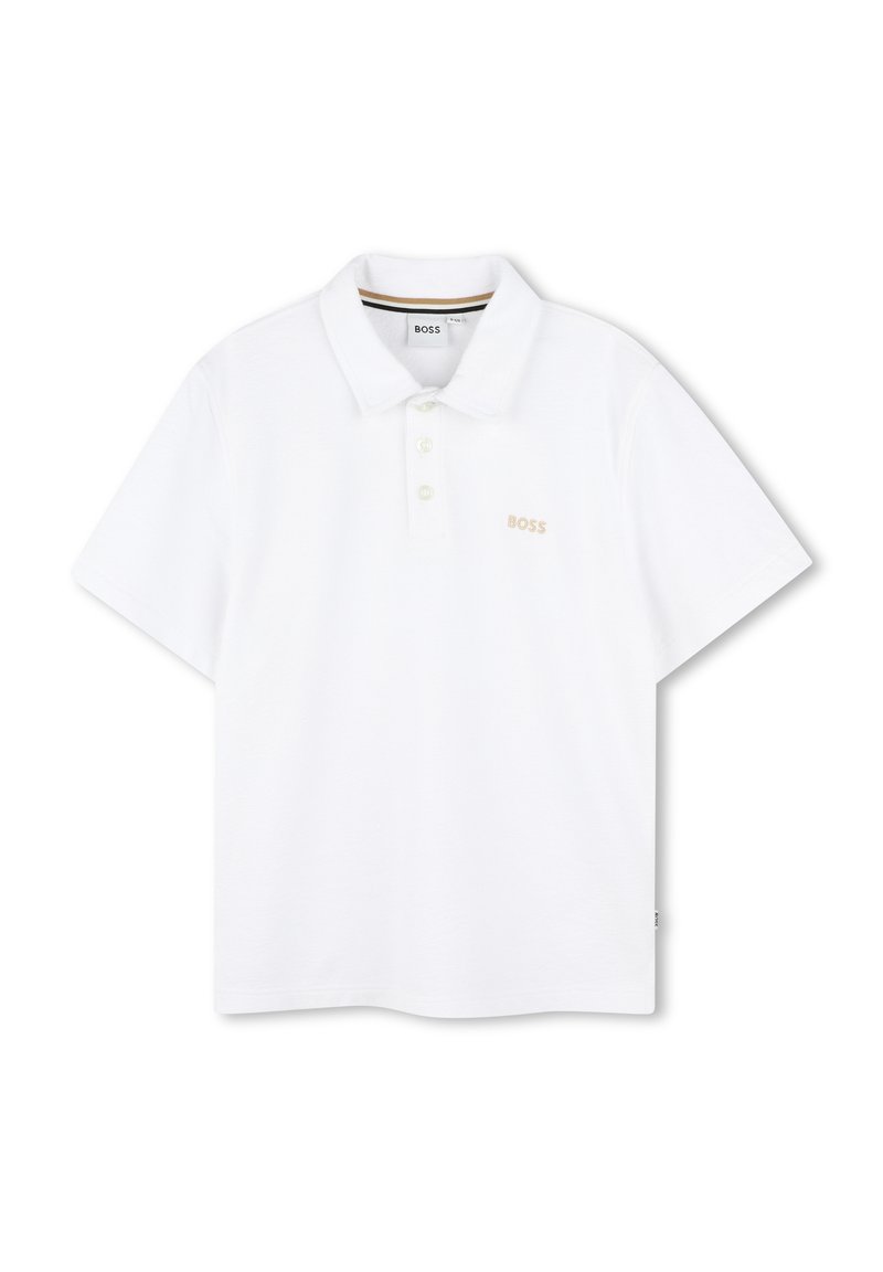 Polo a maniche corte bianco in cotone, con colletto classico, chiusura con tre bottoni e sottile logo "BOSS" beige sul petto.