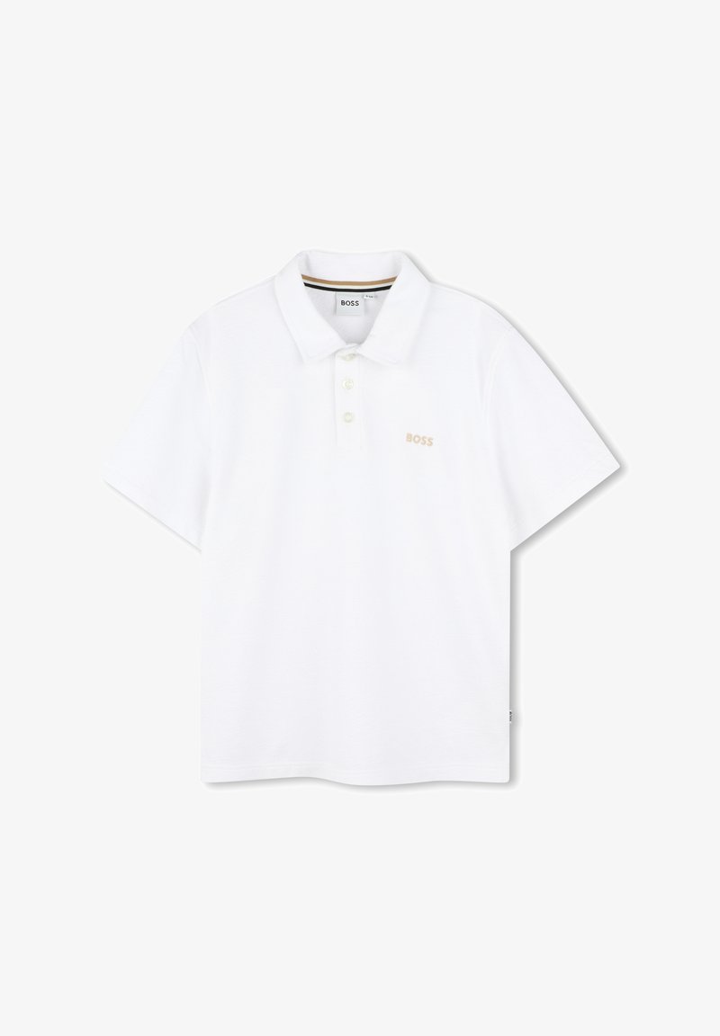 Polo a maniche corte bianco in cotone, con colletto classico, chiusura con tre bottoni e sottile logo "BOSS" beige sul petto.